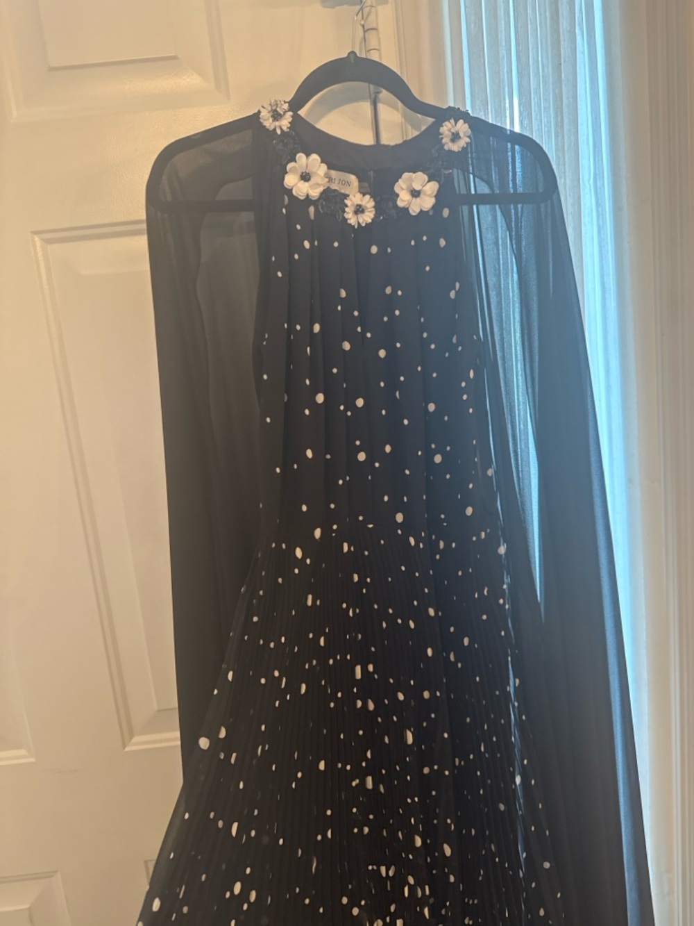 Teri Jon Black Polka Dot Dress with White Floral Neckline